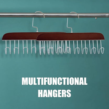Wooden Belt Holder - Multifunctional Wooden Belt Hanger with 8 Metal Hooks - Wood Tie Scarf Rack Holder Hangers Organizer | for Hanging Belts,Tie,Scarves,neckties, Brown