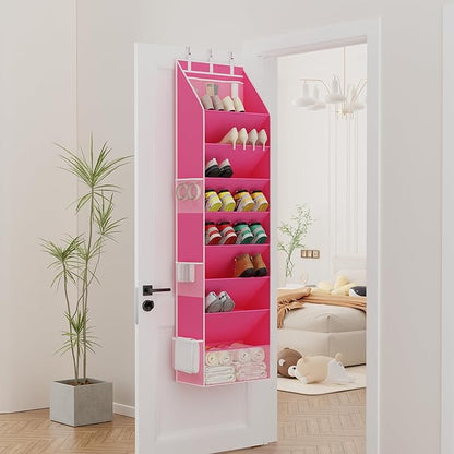 Criusia Shoe Storage, Over the Door Shoe Organizer, Hanging Closet Shoe Storage with Large Deep Pockets, Fits 16–24 Pairs of Sneakers, Sandals, Boots, Pink