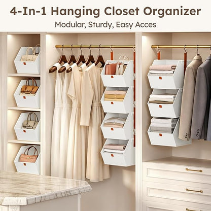 Homsorout Hanging Closet Organizer 4 Tier - Clothes Hanging Shelves, Space-Saving Closet System, Fabric Storage Bins Bedroom Organization, Collapsible Baskets for Home, Dorm, Rv, White