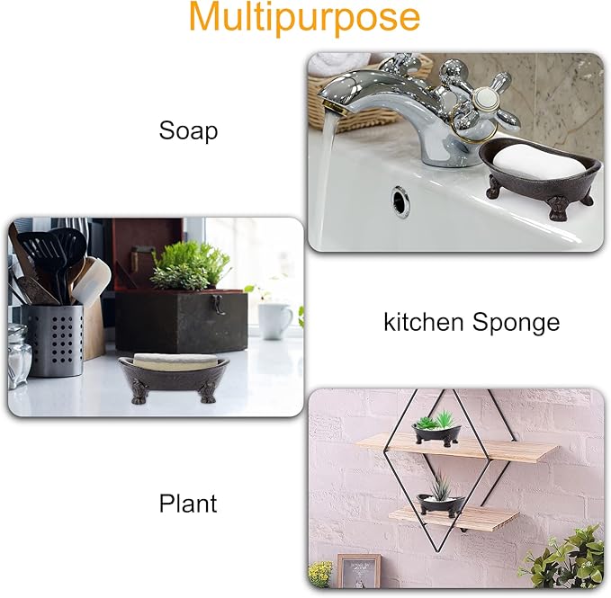 Sumnacon Cast Iron Bathtub Soap Dish - Heavy Duty Vintage Metal Drainable Sponge Soap Tray Bar, Rustic Iron Soap Sponge Holder for Bathroom Shower Bathtub Kitchen Sink Countertop, Brown