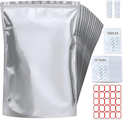 15 Pack 5 Gallon Mylar Bags with Oxygen Absorbers - 10.5 Mil Mylar Bags for Food Storage with 15 Single Sealed 2000cc Oxygen Absorbers & Labels & Clips - for Long Term Food Storage