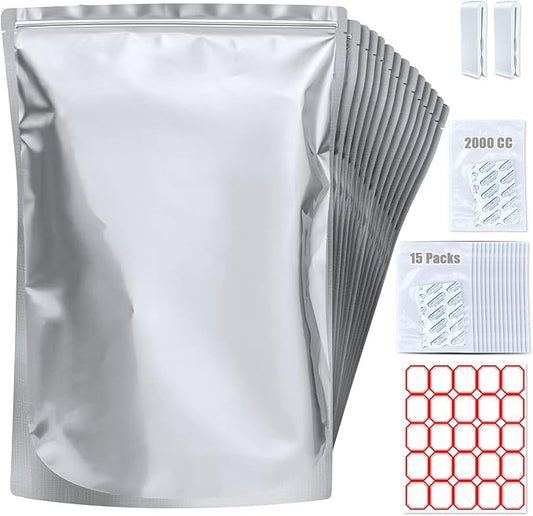 15 Pack 5 Gallon Mylar Bags with Oxygen Absorbers - 10.5 Mil Mylar Bags for Food Storage with 15 Single Sealed 2000cc Oxygen Absorbers & Labels & Clips - for Long Term Food Storage