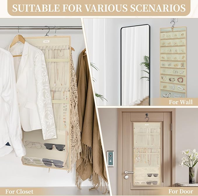 GMAK Hanging Jewelry Organizer with Hanger Metal Hooks, Double-Sided Jewelry Holder Accessories Organizer Storage Roll for Jewelry, Earrings, Bracelets, Necklaces, Rings - Beige