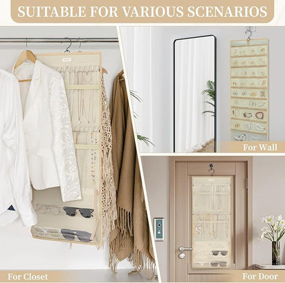 GMAK Hanging Jewelry Organizer with Hanger Metal Hooks, Double-Sided Jewelry Holder Accessories Organizer Storage Roll for Jewelry, Earrings, Bracelets, Necklaces, Rings - Beige