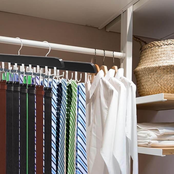 4 Pack Tie Rack & Belt Hanger, 2 in 1 Ties Hanger for Closet, Ties Organizer for Men, Space Saving Necktie Organizer with 20 Hooks, Sturdy Wood Belt & Tie Collection for Closet (Black)