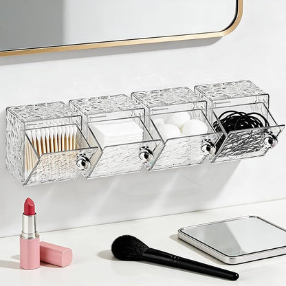 Qtip Holder Dispenser, Wall Mounted Plastic Cotton Pad Holder, Cotton Ball, Swabs, Floss, Makeup Organizers Containers for Vanity Bathroom (Clear, 4 Pcs)