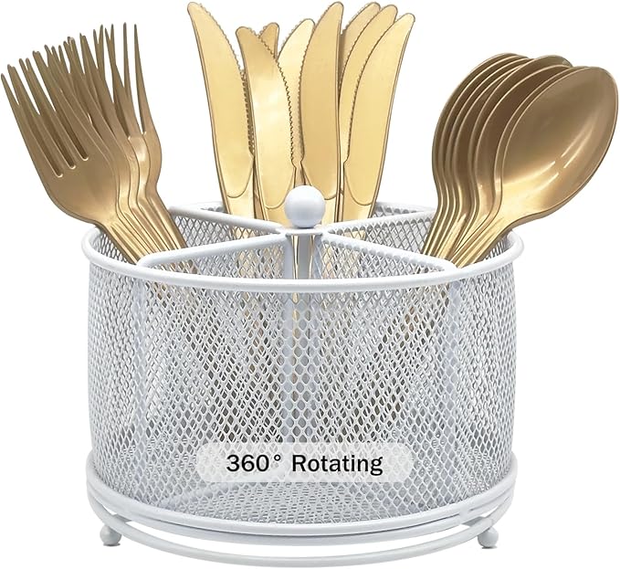 DysanVica 360° Rotating Metal Utensil Caddy - 4 Compartment Silverware Cutlery Holder Rotation Fork Spoon Napkin Organizer Flatware Storage Basket Party Countertop Buffet Picnic Camping Outdoor White