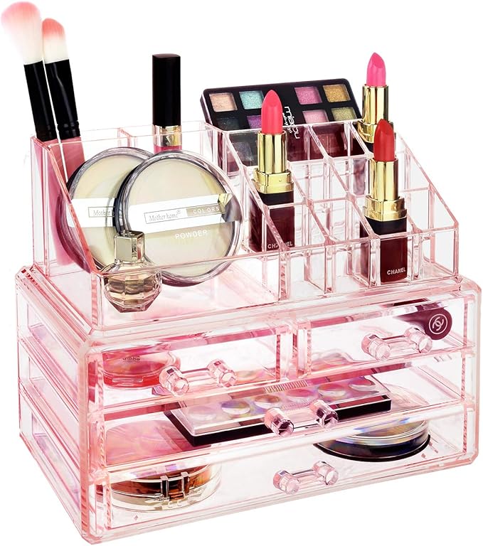 Ikee Design Pink Jewelry & Cosmetic Storage Display Boxes Two Pieces Set, Pink Cosmetic Jewelry Organizer Makeup Holder, Organizer for Vanity