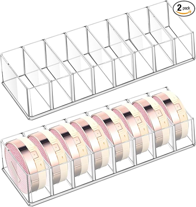Tuanse 2 Pcs Acrylic Makeup Compact Organizer Detachable 8 Spaces Clear Vanity Drawer Organizer Eyeshadow Palette Storage for Lipstick Highlighter, Skincare Cosmetic Display Cases for Bathroom