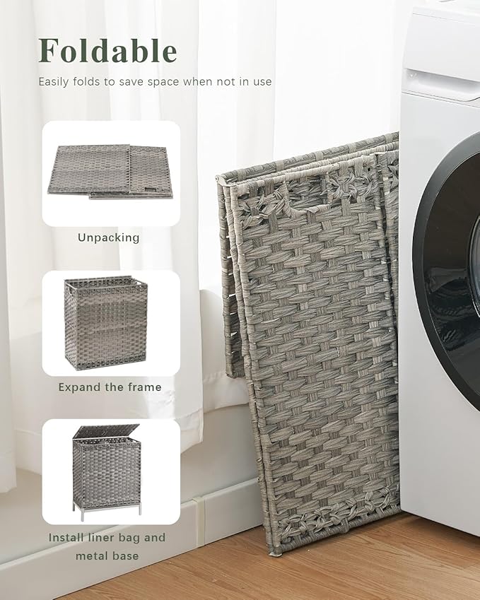 SETVSON Laundry Hamper with Lid, 112 L Handwoven Rattan Wicker Laundry Basket, 2 Removable Liner Bags Metal Heightened Feet, 6 Mesh Bags, 2 Section Large Clothes Hamper for Bathroom Bedroom, Gray