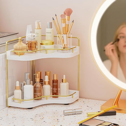 2-Tier Corner Bathroom Counter Organizer with Embedded Screw Holes, Secure & Stable Wood Vanity Shelf for Makeup and Skincare Essentials - Space Saving Bathroom Countertop Storage, White Gold