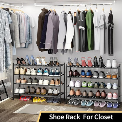 Long Shoe Rack, 4-Tier Bamboo Stackable Shoe Shelf Storage Organizer, Shoe Stand for Closet, Entryway and Hallway(Black)