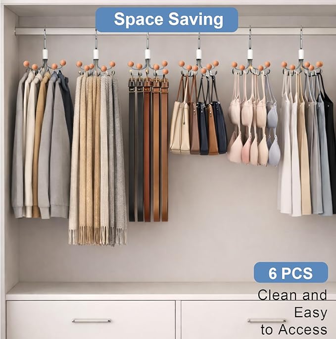 6-Pack 360° Swivel Hoodie & Purse Organizer with Cedar Balls, Multi-Purpose Closet Storage Hanger for Hoodies, Bags, Scarves, Hats, Space Saving, Anti-Slip, Ideal for Dorm, Apartment & Travel