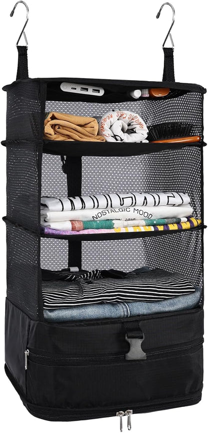 Surblue Hanging Closet Storage Bag Collapsible 3-Shelf Washable Oxford Fabric with 2 Hooks (L 11.41 * 11.41 * 19.68in, Black)