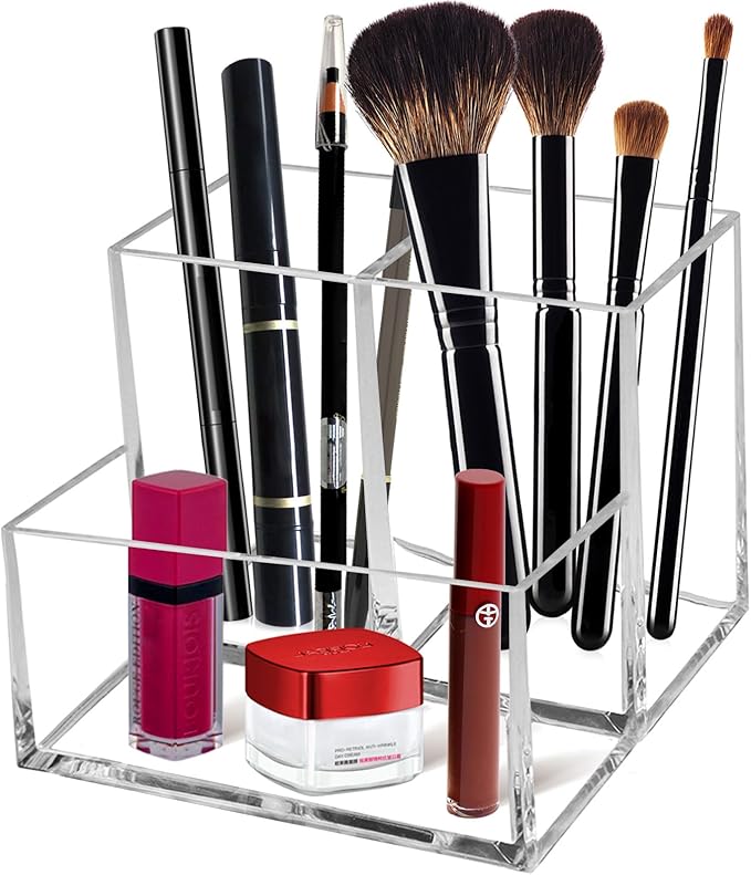 Cerpourt Clear Acrylic Makeup Brush Organizer,Multi-Purpose Cosmetic Brushes Storage Holder with 3 Slots,Pencil Pen Holder for Desk,Desk Organizer and Accessories for Vanity