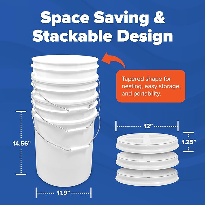 ePackageSupply 5 Gallon Bucket - Food Grade Bucket with Airtight Gamma Seal Screw-On Lid, BPA-Free, Heavy-Duty 90 Mil HDPE Plastic, Bulk Storage, Durable Container, Made in USA, White/White, 6 Packs