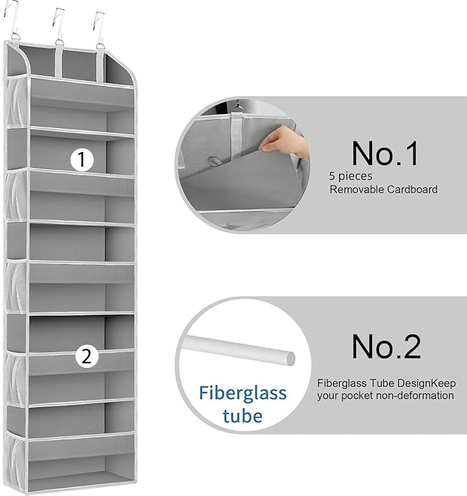 TAHAVICE 2 Pack Over The Door Storage Organizer with 5 Pockets 10 Mesh Side Pockets, 44 lbs Weight Capacity Door Hanging Organizers and Storage for Bedroom,Bathroom,Nursery,Pantry,Dorm(Light Gray)