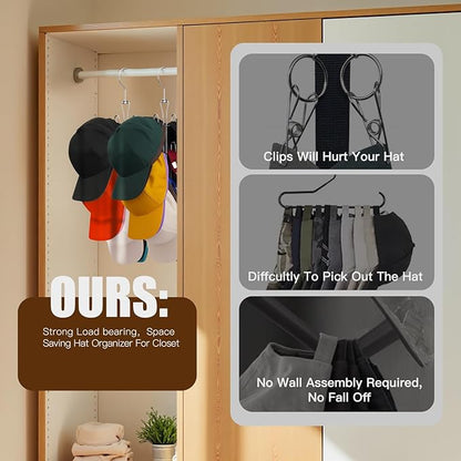 Hat Hanger 2pcs Metal Hat Storage For Baseball Caps,Rotatable Hat Organizer For Closet,Hat Rack With 6 Hooks Up to 30 Caps Hold,Silvery