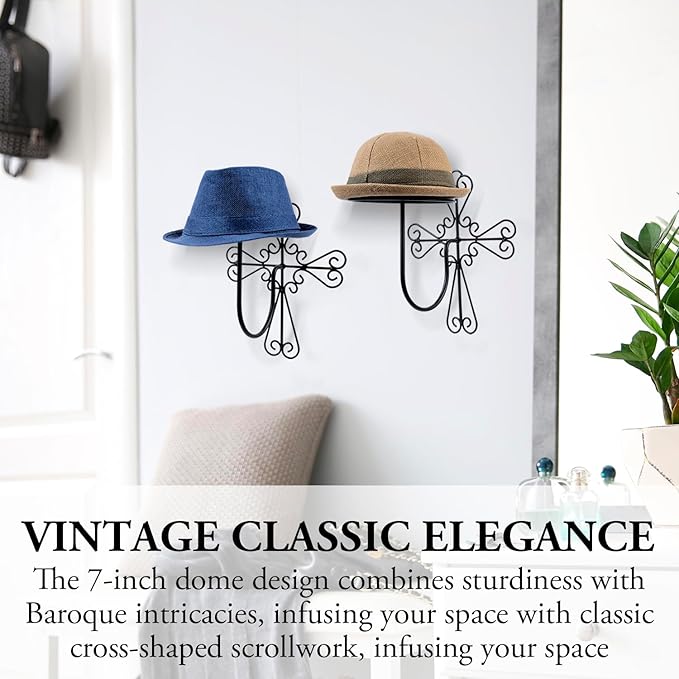 MyGift 2 Pcs Vintage Hat Holder Rack Wall Mount, Large Brim Hat Organizer Storage, Hanging Helmet Wig Display Dome, Scrollwork Cross Style, Black Metal