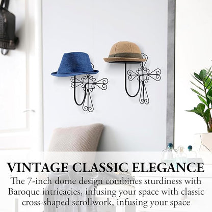 MyGift 2 Pcs Vintage Hat Holder Rack Wall Mount, Large Brim Hat Organizer Storage, Hanging Helmet Wig Display Dome, Scrollwork Cross Style, Black Metal