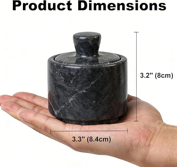 Marble Salt Cellar with Lid & Spoon, 3" Black Salt Container for Countertop, Spice Jar, Stone Storage Box for Kitchen and Bathroom