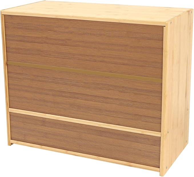 OUKANING 3 Tiers Small Bamboo Kitchen Pantry Sideboard with 2 Sliding Striped Glass Doors, Freestanding Kitchen Pantry Cabinet for Bottle, Dish, Bowl Console Dining Cupboard, Log-Colored