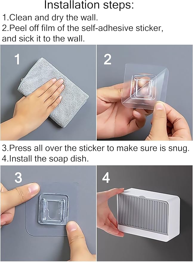 2 Pack Dust-Proof Soap Holder for Shower Wall, Adhesive Wall-Mounted Bar Soap Dish, No-Drill Plastic Soap Saver with Drain, xicveiuz White-Grey