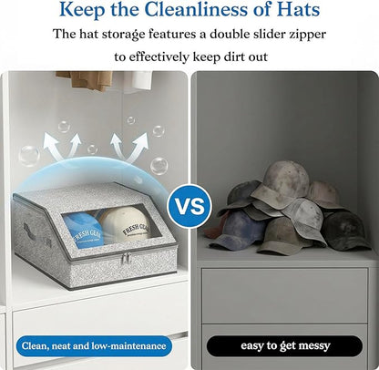 Hat Organizer for Baseball Caps Stackable Hat Storage Box with Clear Window holds up to 24 Caps Hat Storage for Closet Dustproof Foldable Closet Hat Organizer with Handles & Hollow Board Support