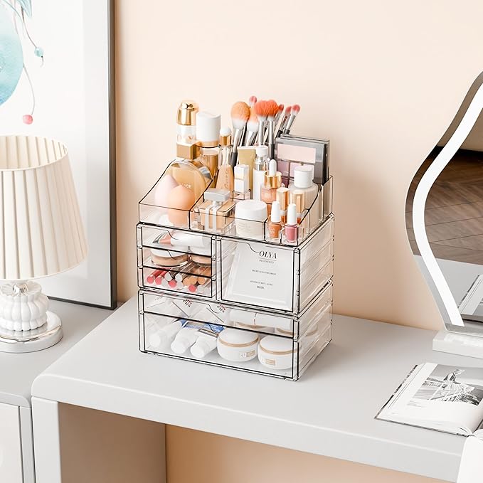 Yieach Acrylic Make up Organizers for Counter,Desk and Vanity,3 Pack Stackable Bathroom Counter Organizer with Drawers,Large Clear Makeup Organizers and Storage for Skincare,Cosmetic,Beauty Products