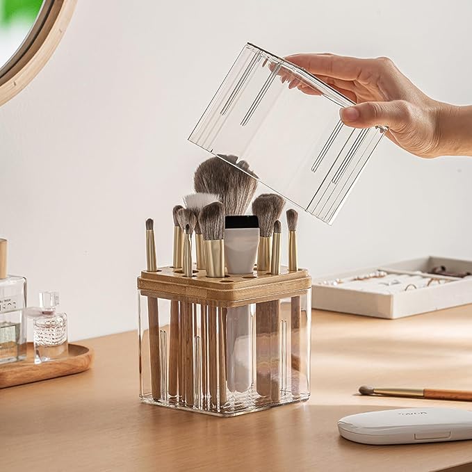 Clear Makeup Brush Organizer with Lid, Freestanding 16-Slot Display Case Container Storage for Eyeliners, Lip Liners, Pencils Vanity or Bathroom Countertop Storage
