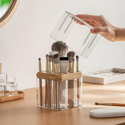 Clear Makeup Brush Organizer with Lid, Freestanding 16-Slot Display Case Container Storage for Eyeliners, Lip Liners, Pencils Vanity or Bathroom Countertop Storage