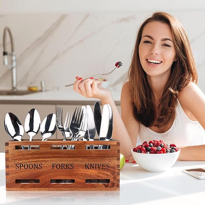 Acacia Wood Silverware Caddy Wooden Flatware Cutlery Holder Silverware Organizer Storage Small Utensil Holder for Kitchen Counter Spoon and Fork Holder Flatware Utensil Caddy for Party