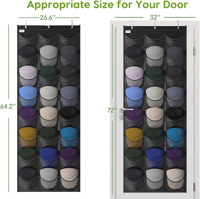 Baseball Hat Rack, 24 Pocket Over-The-Door Hat Organizer with Clear Deep Pockets to Display Baseball Caps Collection, Complete with 3 Over Door Hooks (Black, 24 Pockets)