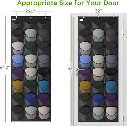 Baseball Hat Rack, 24 Pocket Over-The-Door Hat Organizer with Clear Deep Pockets to Display Baseball Caps Collection, Complete with 3 Over Door Hooks (Black, 24 Pockets)