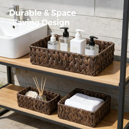 Wicker Storage Baskets Set of 3, Handwoven Water Hyacinth Baskets for Organizing, Large and Small Wicker Baskets Set, Decorative Natural Woven Baskets 3Pack for Pantry Shelves, Dark Brown