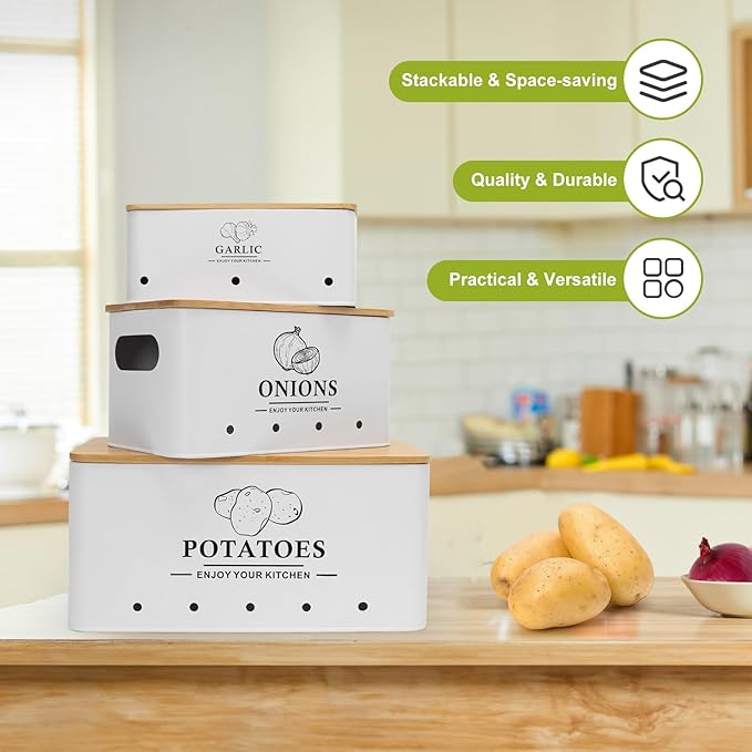 Kitchen Vegetable Storage Set of 3, Metal Onion Garlic Potato Storage Set, Kitchen Canisters Vegetable Keeper Containers with Aerating Holes and Wooden Lid (White)