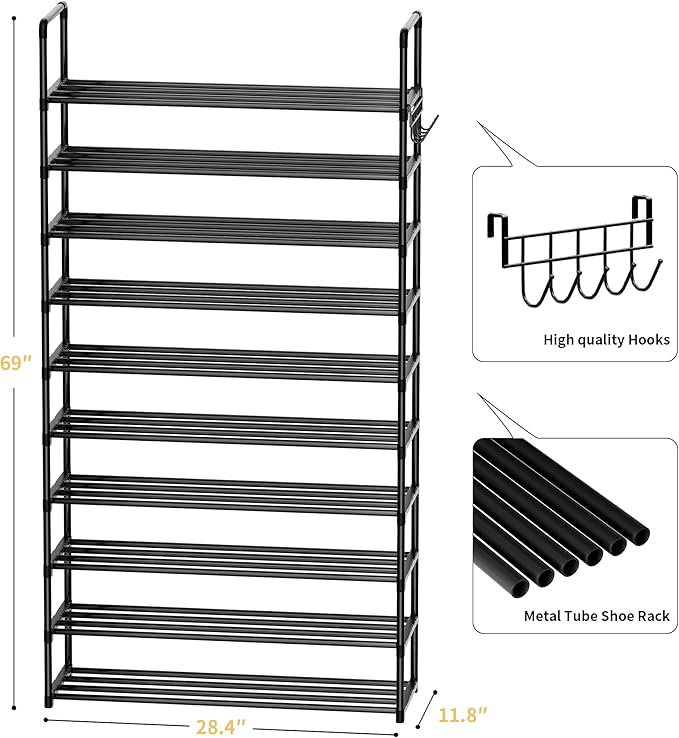 Shoe Rack, 10 Tier Shoe Storage Organizer with Hooks,Fit 40-45 Pairs Shoes,Metal Tall Shoe Shelf for Closet Entryway, Space Saving Tower for Living Room Hallway