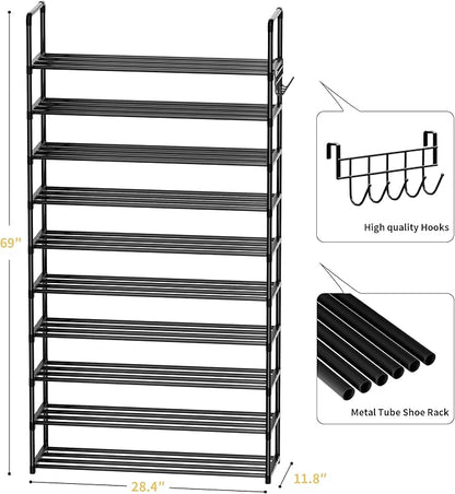 Shoe Rack, 10 Tier Shoe Storage Organizer with Hooks,Fit 40-45 Pairs Shoes,Metal Tall Shoe Shelf for Closet Entryway, Space Saving Tower for Living Room Hallway