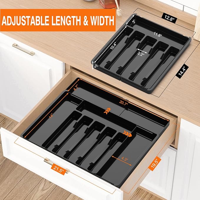 Large Silverware Organizer, Expandable BPA Free Kitchen Silverware Drawer Organizer, 9 Slots Cutlery Utensil Tray with Dividers, Adjustable Flatware Storage Holder for Spoons Forks Knives