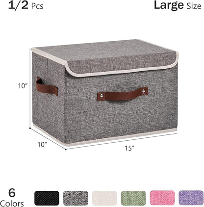 2PCS Storage Bins Box with Lids Decorative Cotton Linen Fabric Baskets Cubes with Handles PP Plastic Board Foldable Washable Lidded Clothing Shelf Closet Organizer Container (Gray, Large)
