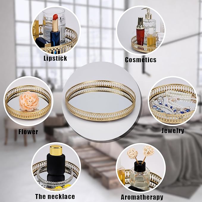 Ayswupt Gold Mirrored Vanity Tray for Bathroom Counter,Metal Decorative Jewelry Storage Tray Cosmetic Perfume Organizer for Dresser,Bedroom,Home Decor,Suit for Candle Holder,Coffee Table Centerpiece,L