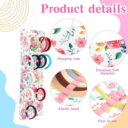 Tudomro Hanging Headband Holder for Girls Felt Hair Accessories Organizer with 60 Elastic Bands Bow Hanger for Girls Hair Bows Without Headbands(Pink, Green,Floral)