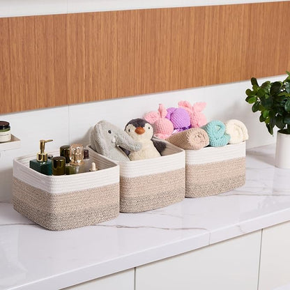 MiniArk Small Organizing Baskets for Cubes Shelf, 9.7x9.7x7.1 Inch Rope Woven Storage Bins for Nursery Shelves Storage, Cute Toy Basket, Square 3 Packs Gradient Brown