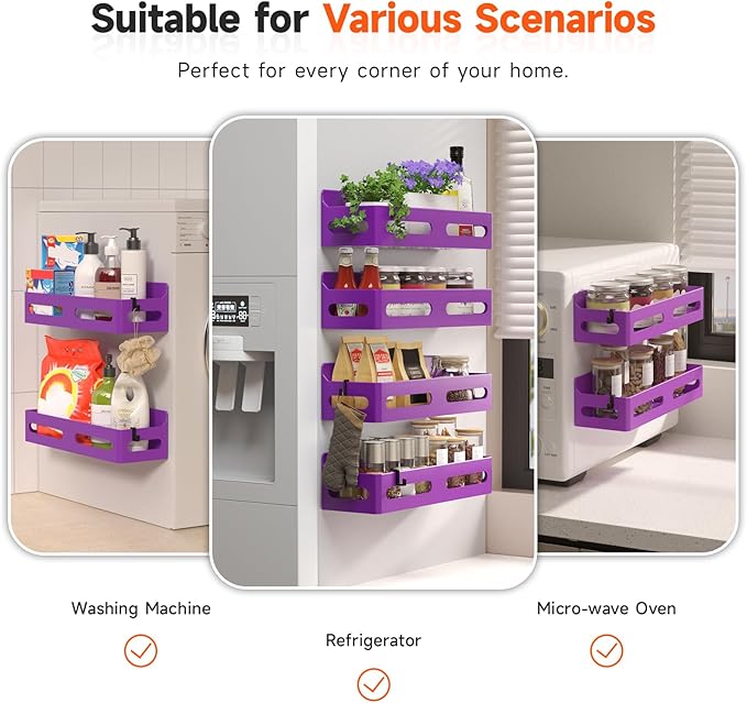 Sevenblue 4 Pack Strong Magnetic Spice Rack for Refrigerator, Multipurpose Magnetic Shelf for Fridge with 4 Hooks for kitchen and Bathroom Organization, Purple
