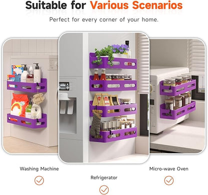Sevenblue 4 Pack Strong Magnetic Spice Rack for Refrigerator, Multipurpose Magnetic Shelf for Fridge with 4 Hooks for kitchen and Bathroom Organization, Purple