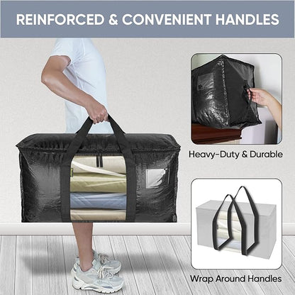 BALEINE 2-Pack Oversized Moving Bags with Reinforced Handles, Heavy-Duty Storage Tote Moving Supplies for Packaging, Camping (Black w/Window, 2-Pack)