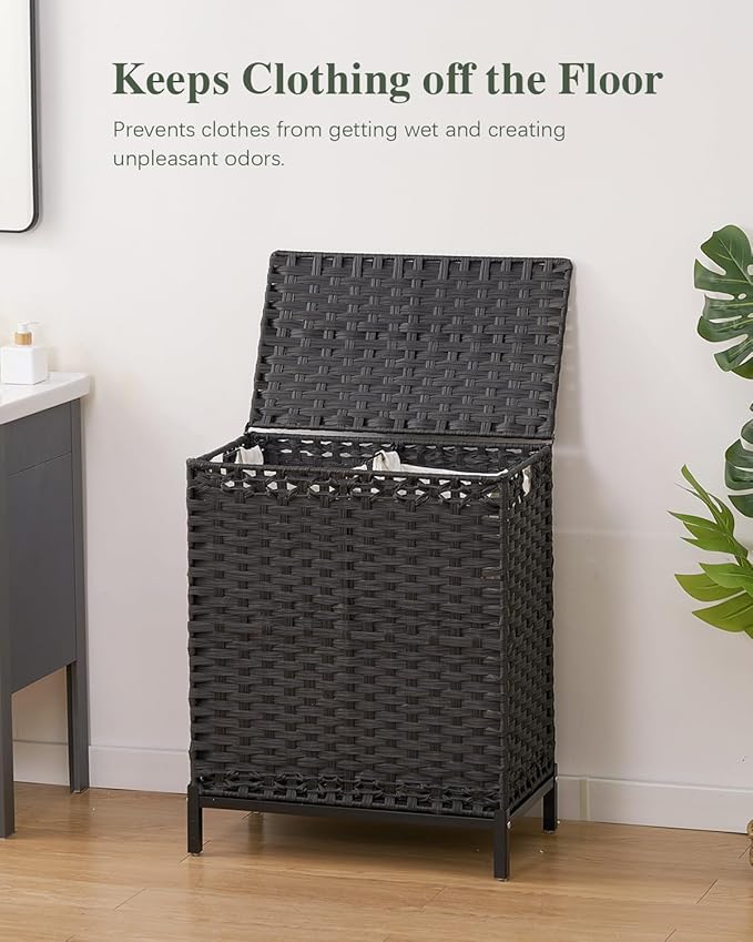 SETVSON Laundry Hamper with Lid, 112 L Handwoven Rattan Wicker Laundry Basket, 2 Removable Liner Bags Metal Heightened Feet, 6 Mesh Bags, 2 Section Large Clothes Hamper for Bathroom Bedroom, Black
