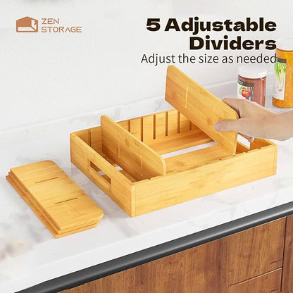 Bamboo Lid Organizer, Plastic Lid Organizer Cabinet, Food Container Lid with 5 Adjustable Dividers for Kitchen Drawer