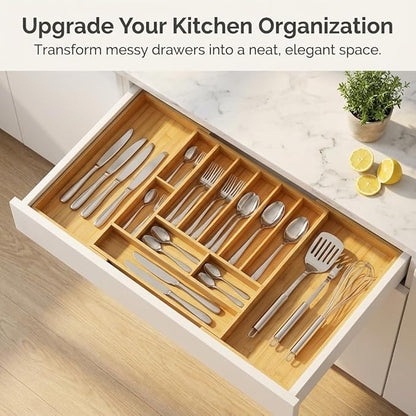 Expandable Kitchen Organizer – Adjustable 33” Wide Utensil Kitchen Drawer with 11 Compartments, Natural Solid Bamboo Construction for Flatware