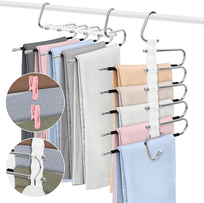SANLIKE 2 Pack 5 Layers Pants Hangers Space-Saving Stainless Steel Closet Hangers 20pcs Fixed Clips Non-Slip Multi-Functional Pants Rack Two Hanging Modes for Trousers Jeans Leggings Scarf Skirts